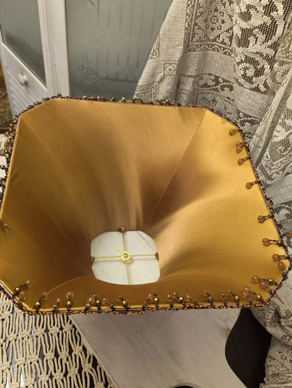 Vintage Victorian Style Burgundy Gold Fabric Square Bell Lampshade Beaded Fringe